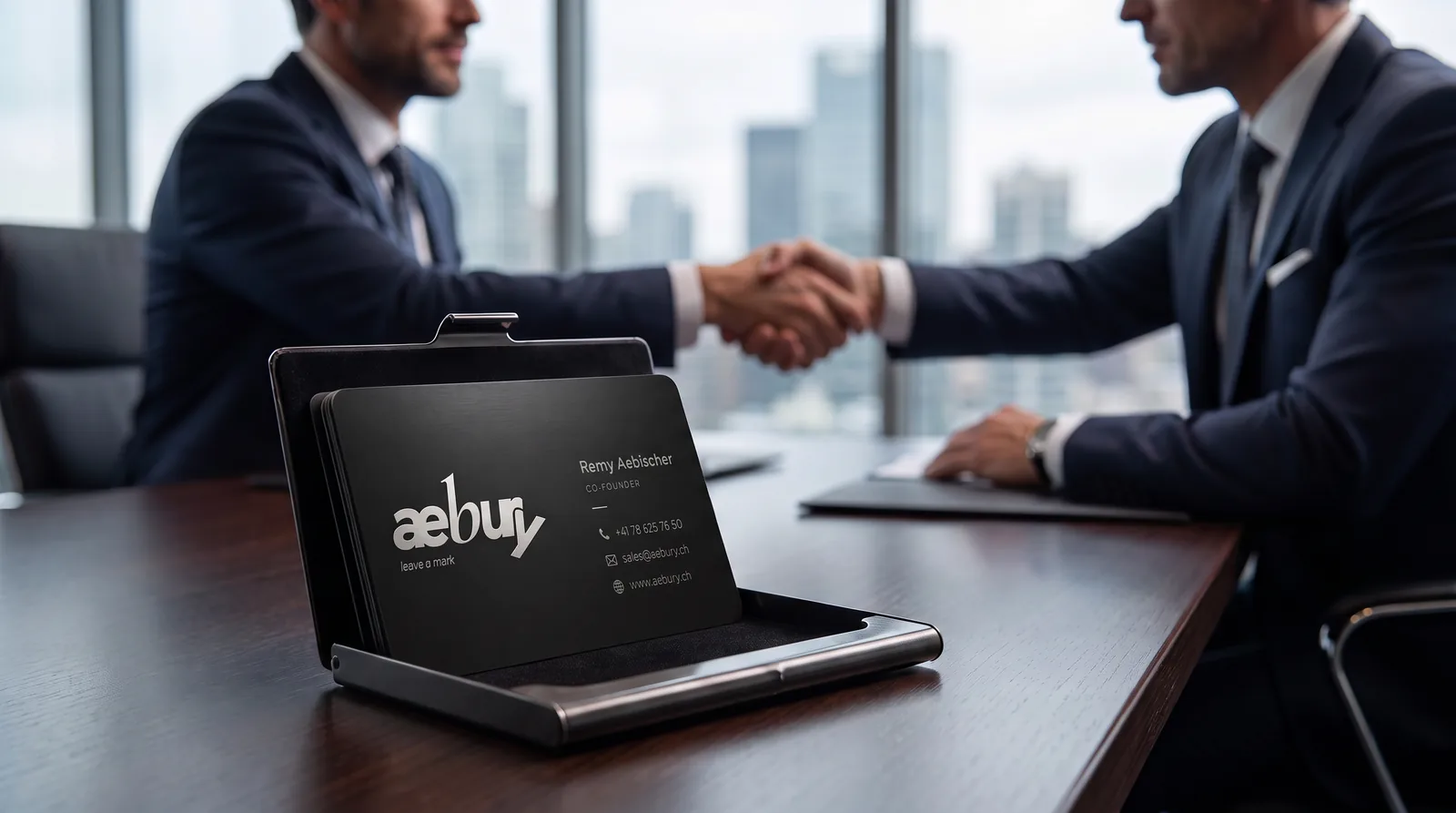Zwei Geschäftsleute geben sich am Besprechungstisch die Hand, davor ein aufgeklapptes Etui mit Aebury-Karten